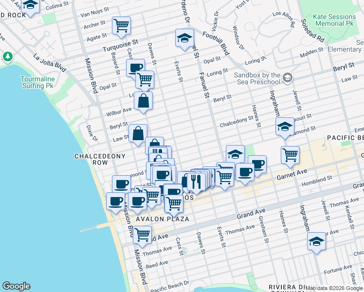 map of restaurants, bars, coffee shops, grocery stores, and more near 1122 Missouri Street in San Diego