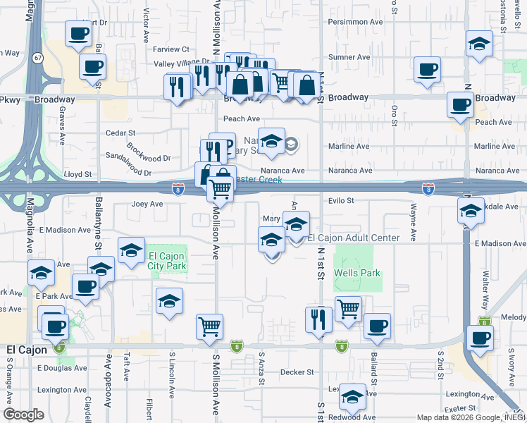map of restaurants, bars, coffee shops, grocery stores, and more near 575 Mcway Court in El Cajon