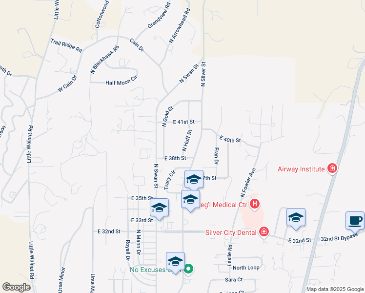map of restaurants, bars, coffee shops, grocery stores, and more near 3825 North Huff Street in Silver City