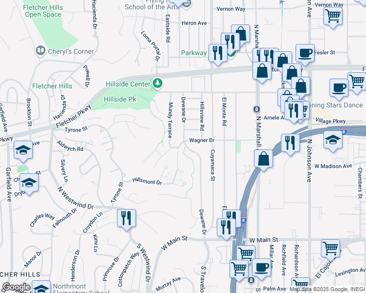 map of restaurants, bars, coffee shops, grocery stores, and more near 1459 Wagner Drive in El Cajon