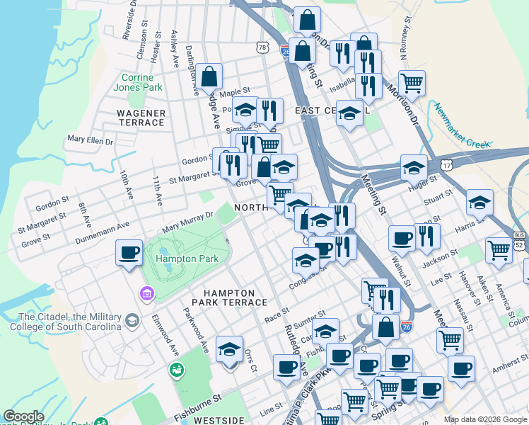 map of restaurants, bars, coffee shops, grocery stores, and more near 18A Oswego Street in Charleston
