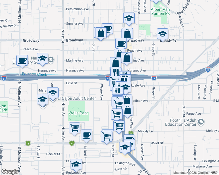map of restaurants, bars, coffee shops, grocery stores, and more near 579 Wayne Avenue in El Cajon