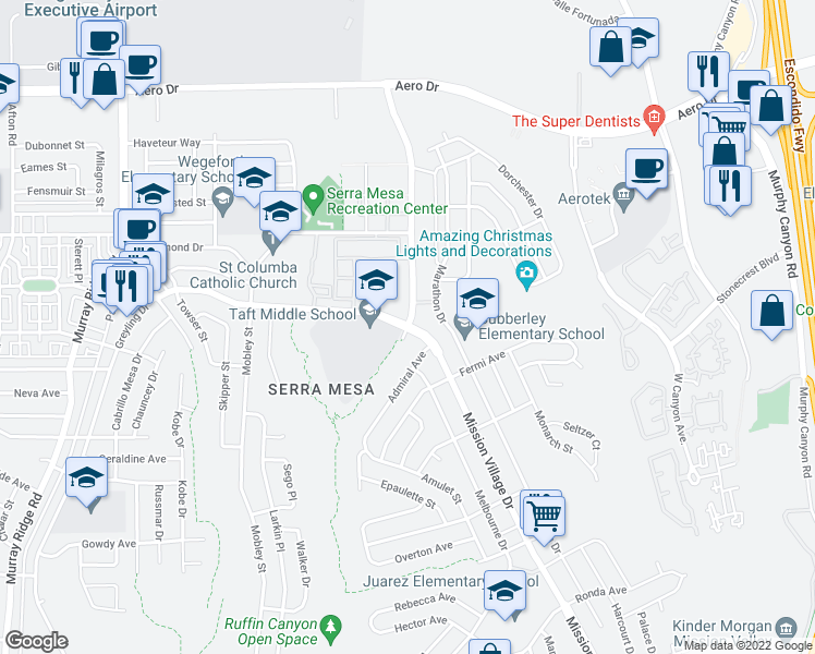 map of restaurants, bars, coffee shops, grocery stores, and more near Ruffin Rd & Gramercy Dr in San Diego