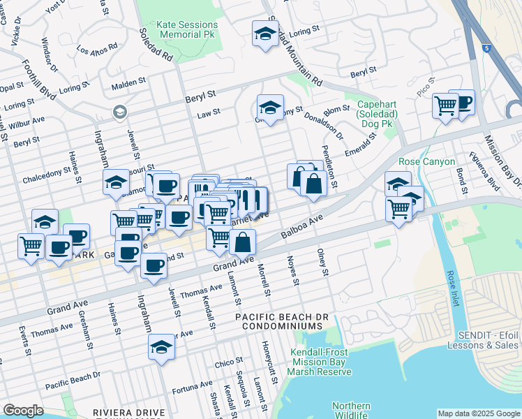 map of restaurants, bars, coffee shops, grocery stores, and more near 2050 Garnet Avenue in San Diego