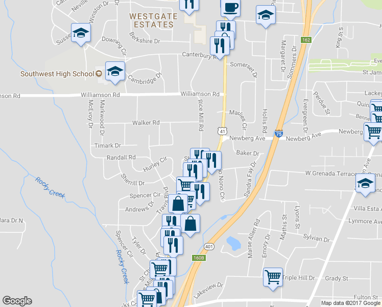 map of restaurants, bars, coffee shops, grocery stores, and more near 3361 Rice Mill Road in Macon