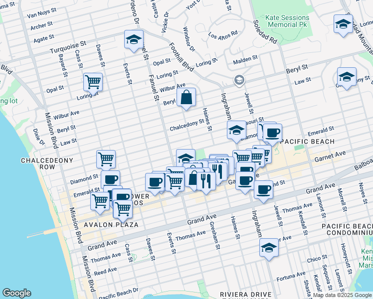 map of restaurants, bars, coffee shops, grocery stores, and more near 1362 Diamond Street in San Diego