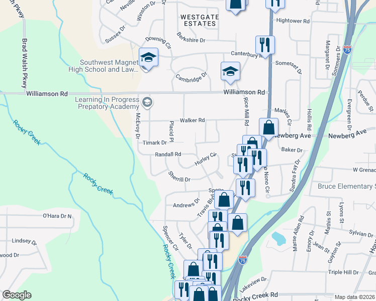 map of restaurants, bars, coffee shops, grocery stores, and more near 1625 Randall Rd in Macon