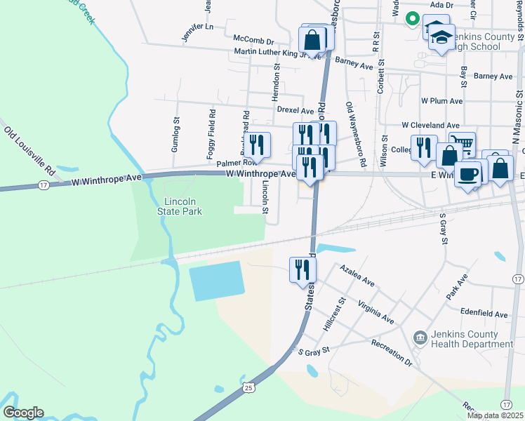 map of restaurants, bars, coffee shops, grocery stores, and more near 195 Lincoln Street in Millen