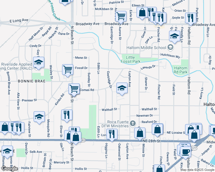 map of restaurants, bars, coffee shops, grocery stores, and more near 4121 McComas Road in Haltom City