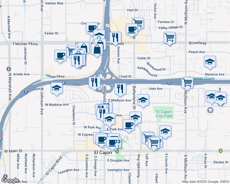 map of restaurants, bars, coffee shops, grocery stores, and more near 550 Graves Avenue in El Cajon