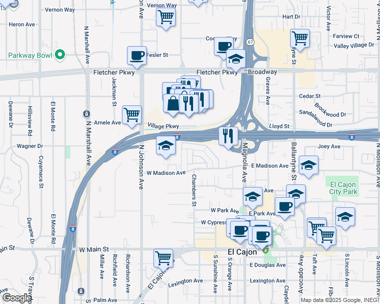 map of restaurants, bars, coffee shops, grocery stores, and more near 599 Chambers Street in El Cajon