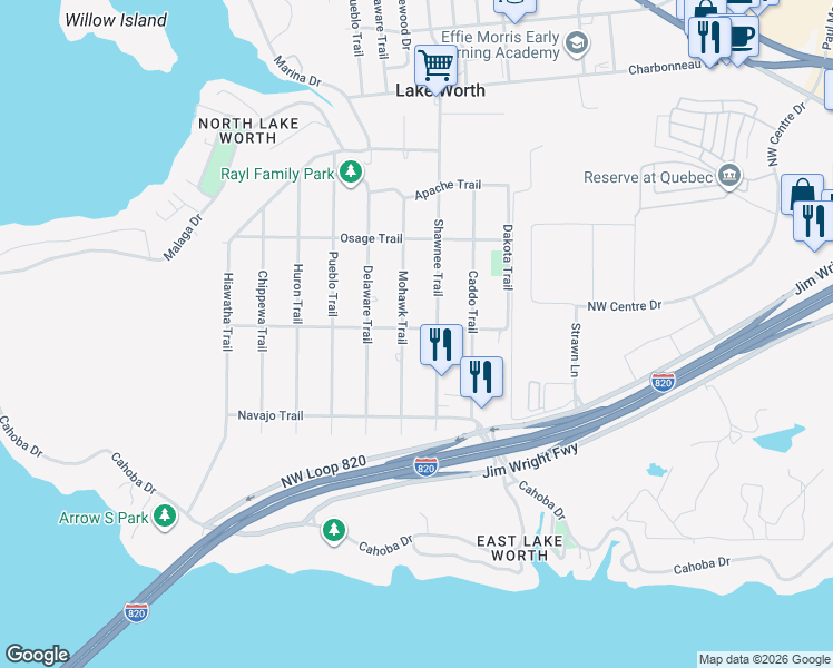 map of restaurants, bars, coffee shops, grocery stores, and more near 7213 Pawnee Trail in Fort Worth