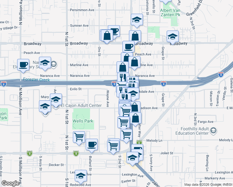 map of restaurants, bars, coffee shops, grocery stores, and more near 579 Wayne Avenue in El Cajon