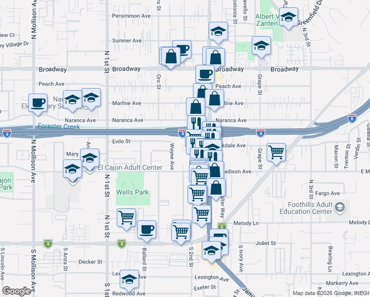 map of restaurants, bars, coffee shops, grocery stores, and more near 579 Wayne Avenue in El Cajon