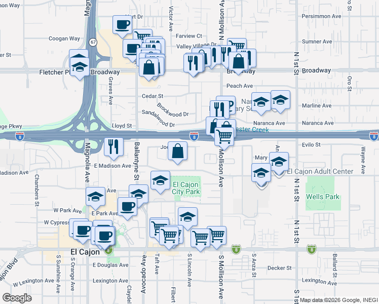 map of restaurants, bars, coffee shops, grocery stores, and more near 715 Joey Avenue in El Cajon