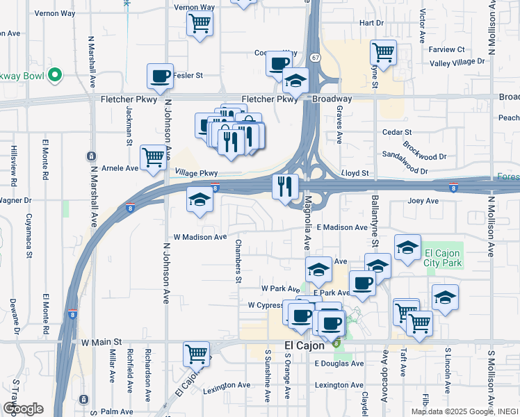 map of restaurants, bars, coffee shops, grocery stores, and more near 356 Compton Street in El Cajon