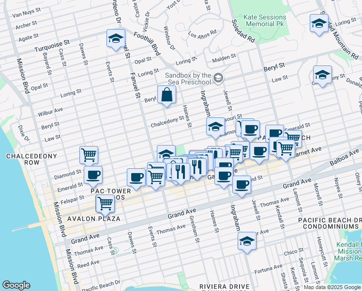 map of restaurants, bars, coffee shops, grocery stores, and more near 1450 Diamond Street in San Diego