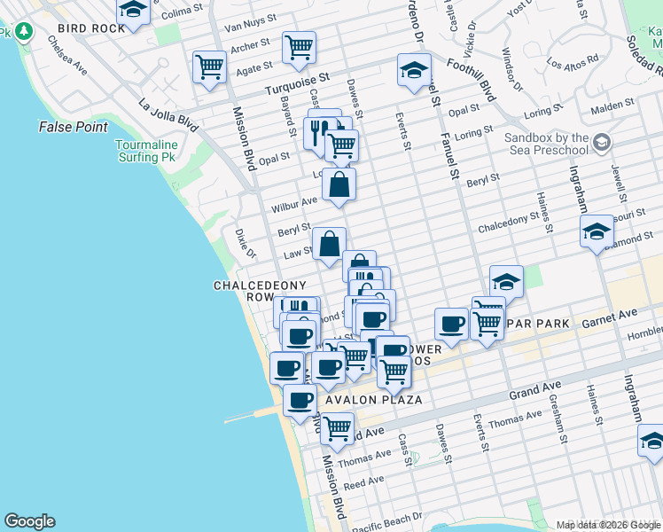 map of restaurants, bars, coffee shops, grocery stores, and more near 4815 Bayard Street in San Diego
