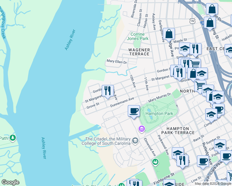 map of restaurants, bars, coffee shops, grocery stores, and more near 175 Saint Margaret Street in Charleston