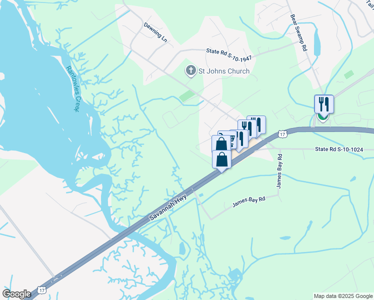 map of restaurants, bars, coffee shops, grocery stores, and more near 3894 Savannah Highway in Johns Island