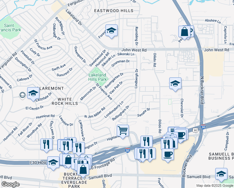 map of restaurants, bars, coffee shops, grocery stores, and more near 8508 Van Pelt Drive in Dallas