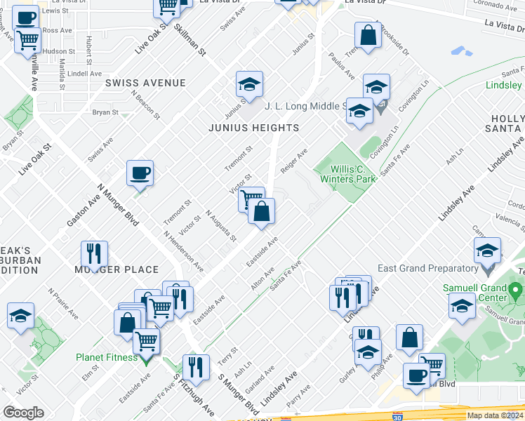 map of restaurants, bars, coffee shops, grocery stores, and more near in Dallas