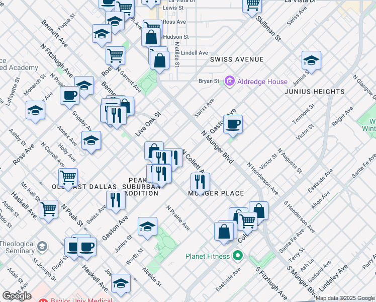 map of restaurants, bars, coffee shops, grocery stores, and more near 202 North Collett Avenue in Dallas