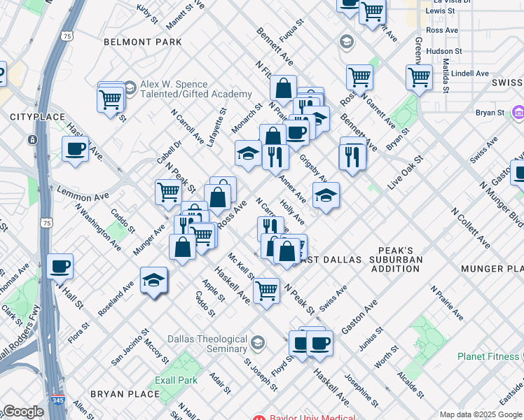 map of restaurants, bars, coffee shops, grocery stores, and more near 1607 North Carroll Avenue in Dallas
