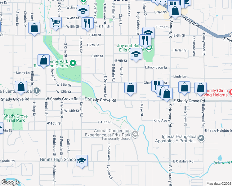 map of restaurants, bars, coffee shops, grocery stores, and more near 1221 South Britain Road in Irving