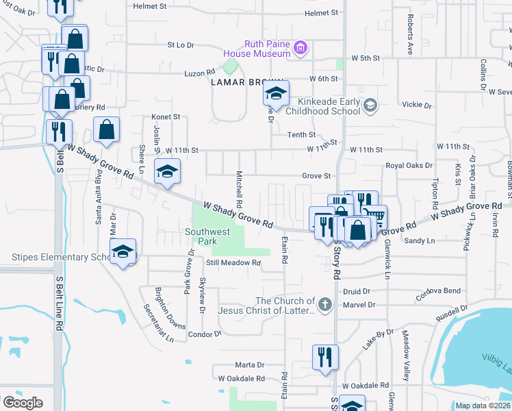 map of restaurants, bars, coffee shops, grocery stores, and more near 1201 Brandon Court in Irving