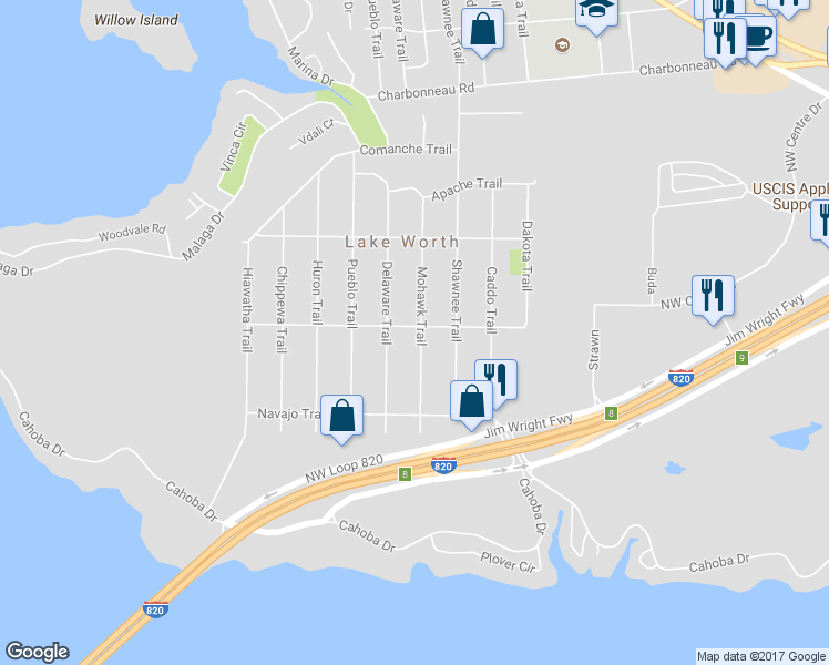 map of restaurants, bars, coffee shops, grocery stores, and more near 3037 Mohawk Trail in Fort Worth