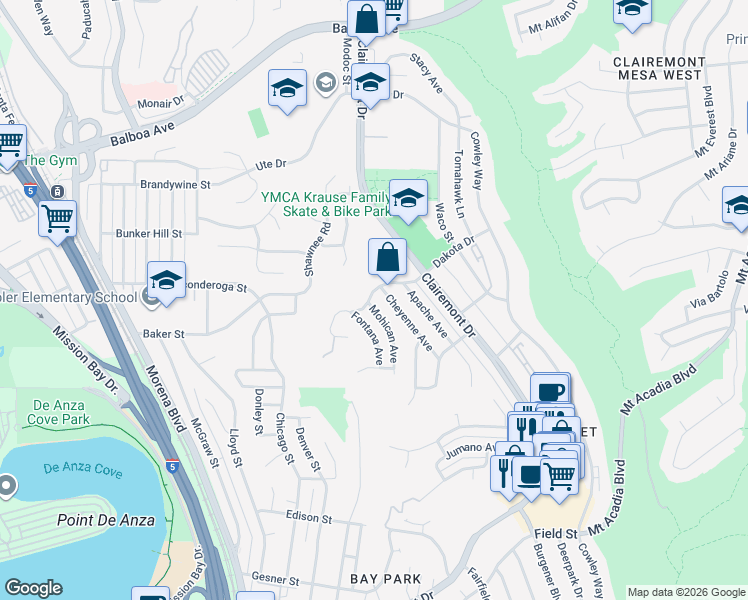 map of restaurants, bars, coffee shops, grocery stores, and more near 4336 Dakota Drive in San Diego