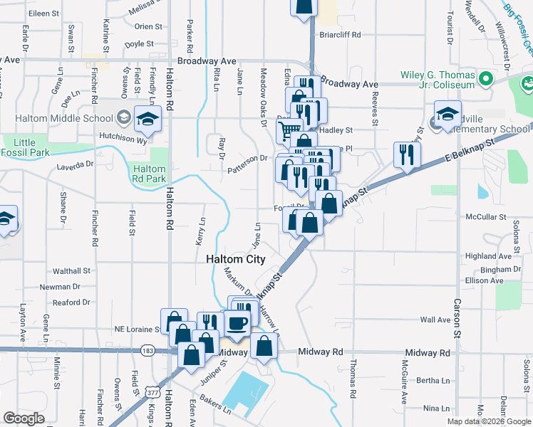 map of restaurants, bars, coffee shops, grocery stores, and more near 5400 Fossil Drive in Haltom City