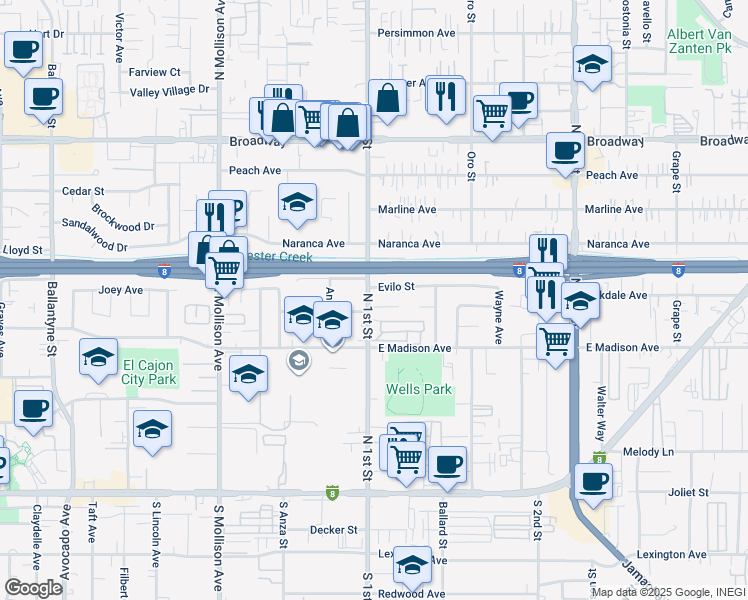map of restaurants, bars, coffee shops, grocery stores, and more near 569 North 1st Street in El Cajon