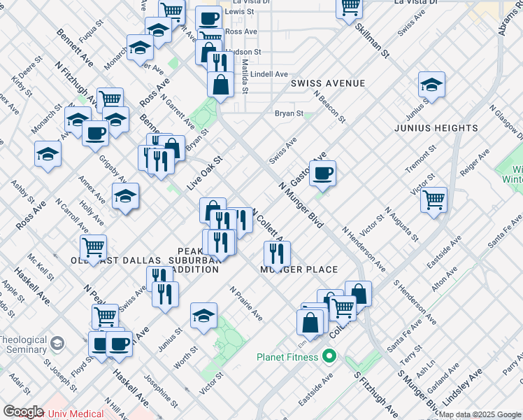 map of restaurants, bars, coffee shops, grocery stores, and more near 4931 Gaston Avenue in Dallas