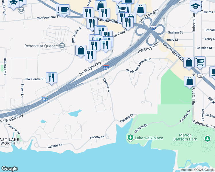 map of restaurants, bars, coffee shops, grocery stores, and more near 6509 Shady Oaks Manor Drive in Fort Worth