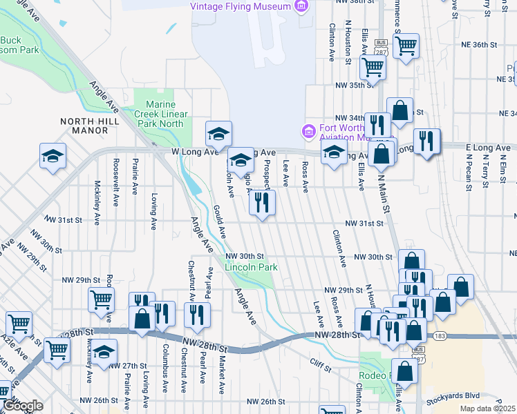 map of restaurants, bars, coffee shops, grocery stores, and more near 3110 Refugio Avenue in Fort Worth