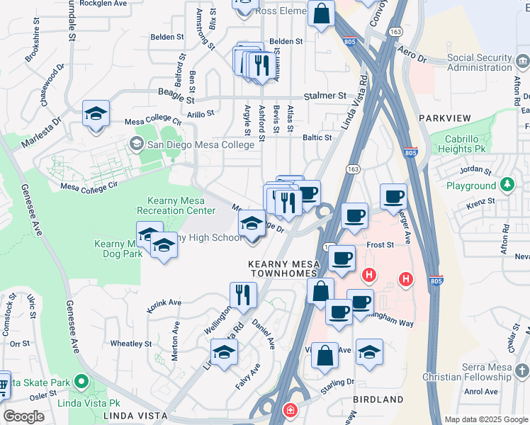 map of restaurants, bars, coffee shops, grocery stores, and more near 7414 Mesa College Drive in San Diego