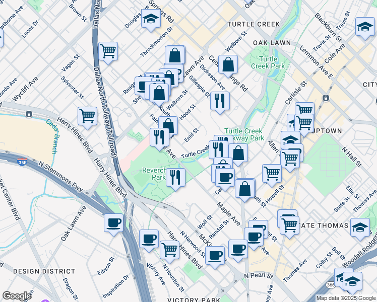 map of restaurants, bars, coffee shops, grocery stores, and more near 2505 Turtle Creek Boulevard in Dallas