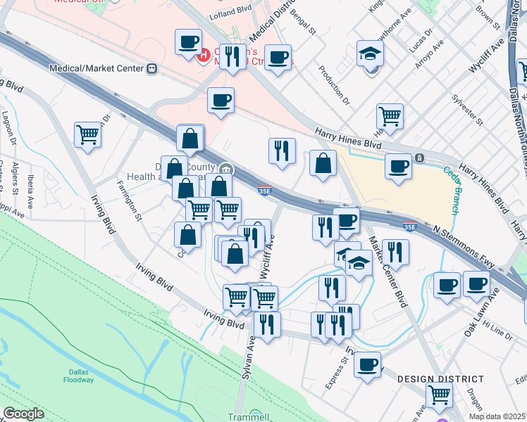 map of restaurants, bars, coffee shops, grocery stores, and more near 2325 North Stemmons Freeway in Dallas