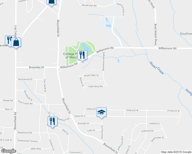 map of restaurants, bars, coffee shops, grocery stores, and more near 720 Royal Oaks Drive in Macon