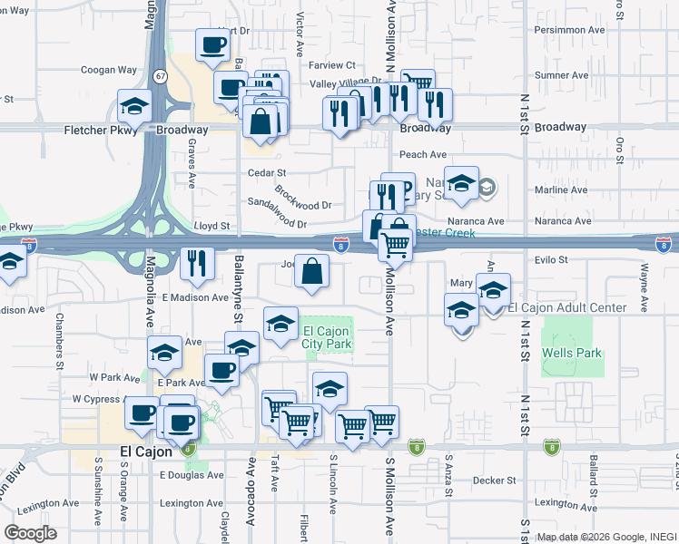 map of restaurants, bars, coffee shops, grocery stores, and more near 576 Jeffree Street in El Cajon