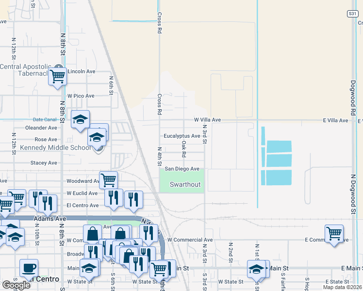 map of restaurants, bars, coffee shops, grocery stores, and more near 1004 Oak Road in El Centro