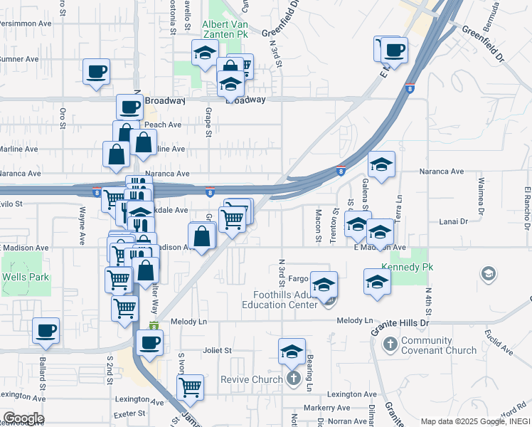 map of restaurants, bars, coffee shops, grocery stores, and more near 1475 Oakdale Avenue in El Cajon