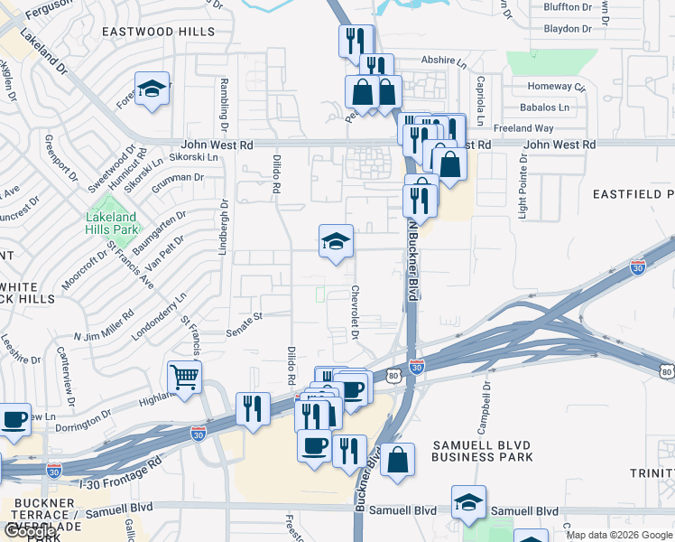 map of restaurants, bars, coffee shops, grocery stores, and more near 1678 Chenault Street in Dallas