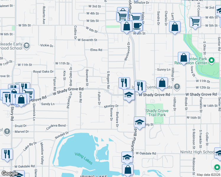 map of restaurants, bars, coffee shops, grocery stores, and more near 1216 South Rogers Road in Irving