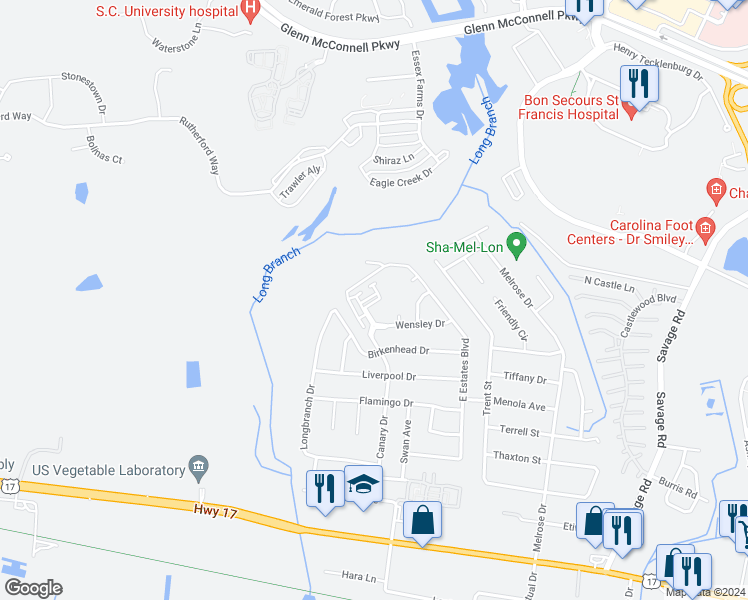 map of restaurants, bars, coffee shops, grocery stores, and more near 30 Brighton Circle in Charleston