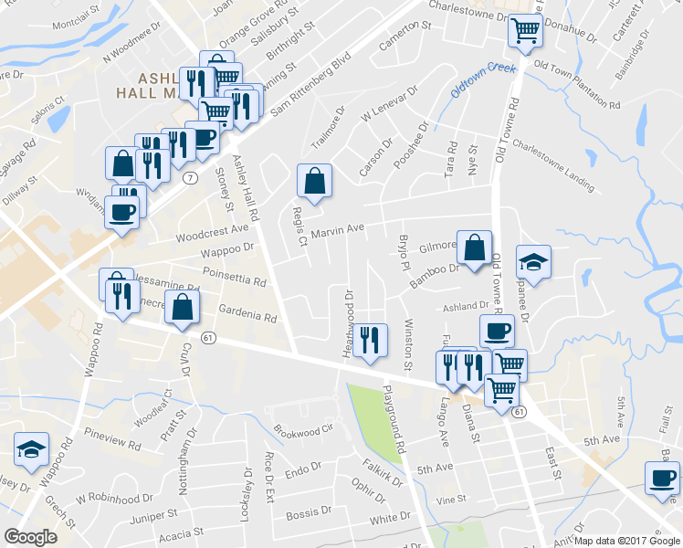 map of restaurants, bars, coffee shops, grocery stores, and more near 33 Heathwood Drive in Charleston