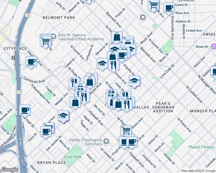 map of restaurants, bars, coffee shops, grocery stores, and more near 1607 North Carroll Avenue in Dallas