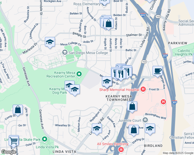 map of restaurants, bars, coffee shops, grocery stores, and more near 7405 Mesa College Drive in San Diego